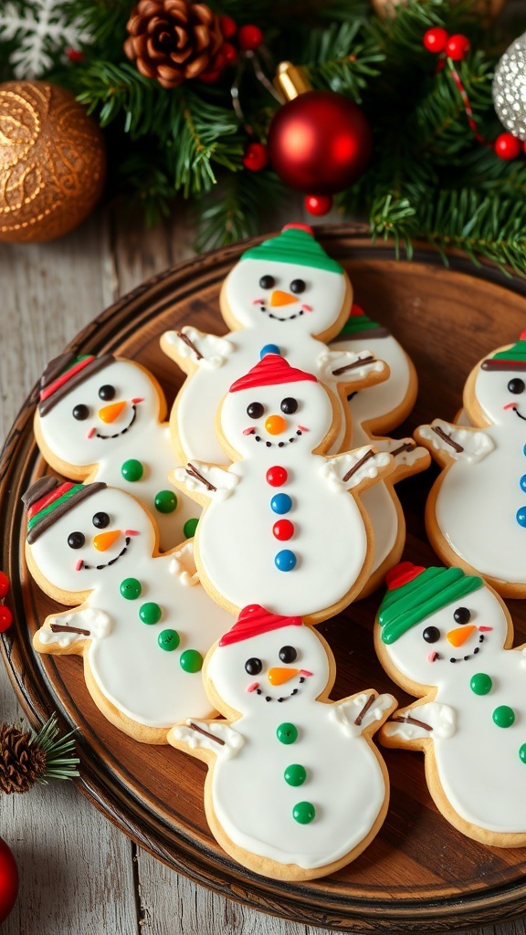 A collection of decorated snowman cookies on a wooden platter, surrounded by holiday decorations.